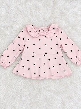 Pink Long-Sleeve Ruffle Collar Top with Black Bow Print